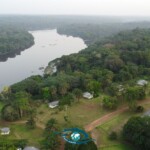 Photographie prise en drône, vue sur la rivière Ivindo, en contre-bas de la station. Photographie prise en drône, vue sur la rivière Ivindo, en contre-bas de la station.